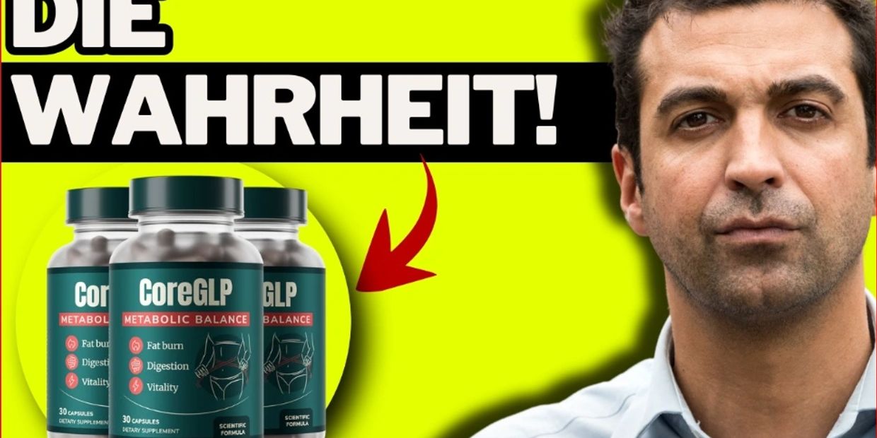 Bottles of CoreGLP metabolic balance supplement with a serious man and bold text saying 'DIE WAHRHEIT!'