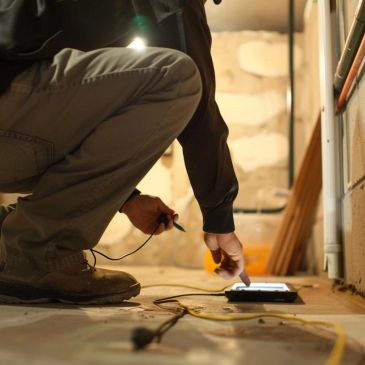 Technicien inspectant un appareil électronique au sol.