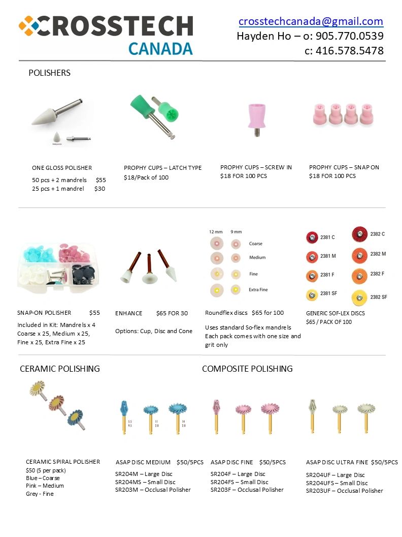 Crosstech Canada dental polishers and discs catalog with prices and contact info.