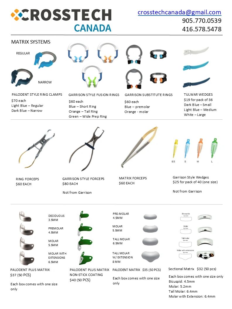 Dental matrix systems and tools from Crosstech Canada with prices and specifications.