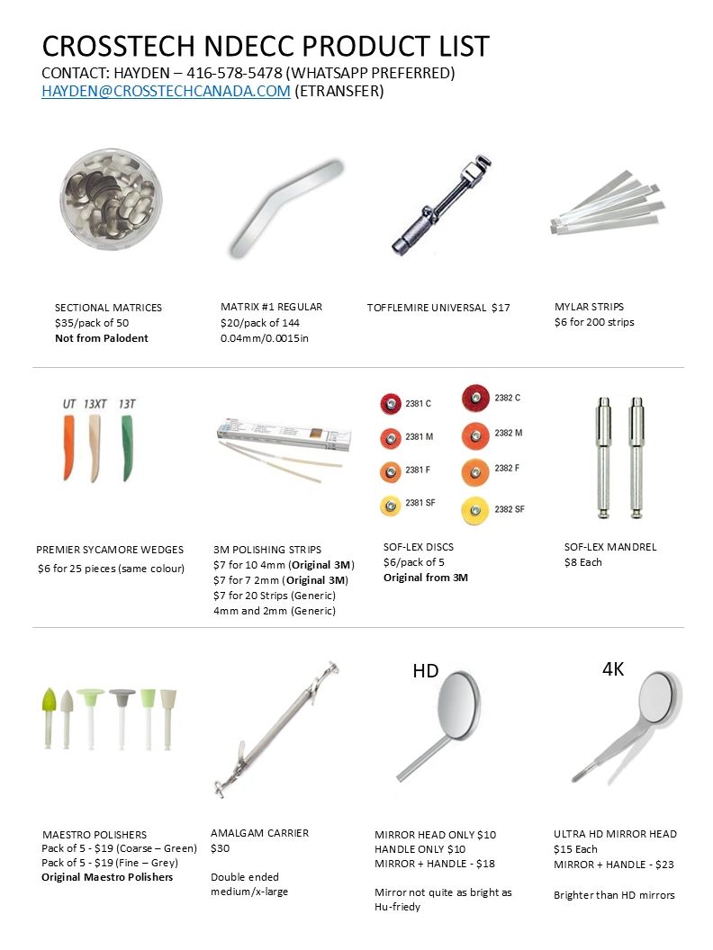 Dental product list with images and prices including matrices, wedges, polishing strips, discs, mirrors, and carriers.