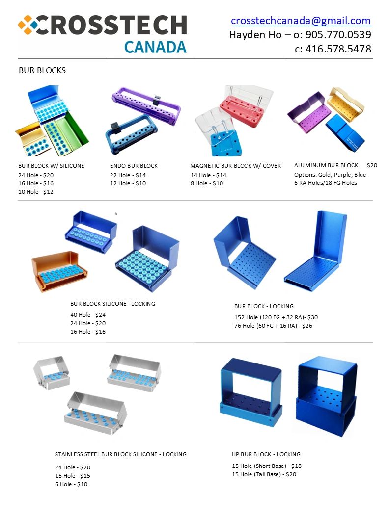 Dental bur blocks in various sizes and materials from Crosstech Canada.