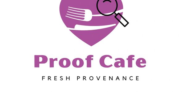 Logo of Proof Cafe with a heart, fork, knife, and magnifying glass.