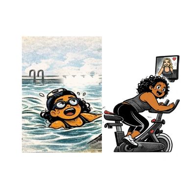 Woman swimming and then happily cycling while video chatting.