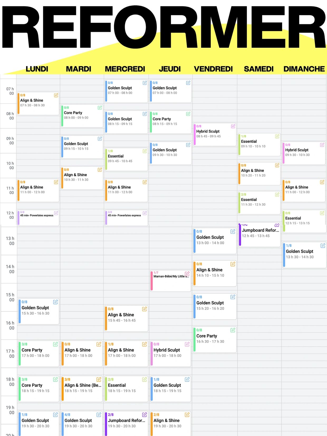 Weekly fitness class schedule with various sessions like Align &amp; Shine, Core Party, and Golden Sculpt.
