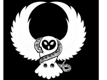 A stylized white owl with wide wings and a snake wrapped around it on a black background.