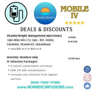 Deals and discounts on vitamin and weight management injections and IV infusion memberships.