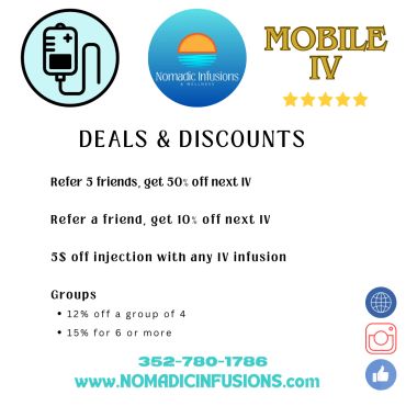Nomadic Infusions offers IV infusion deals and discounts with referrals and group rates.
