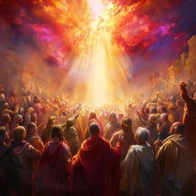 A crowd witnessing a divine, radiant light from the sky.