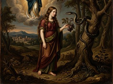 A woman in a red dress near a tree with a snake and grapes.
