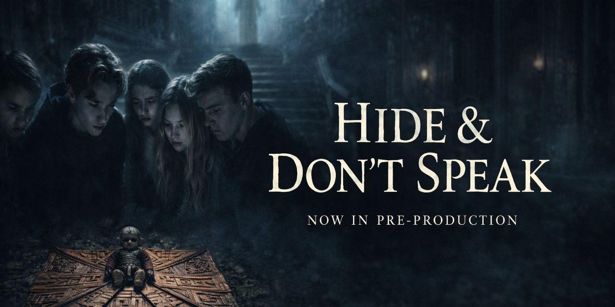 A group of young people looking down at a creepy doll with the words 'Hide &amp; Don't Speak'.