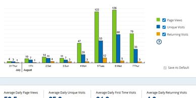 Bar chart showing daily page views, unique visits, and returning visits over seven days.
