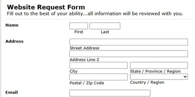 Website request form collecting name, address, email, and phone details.