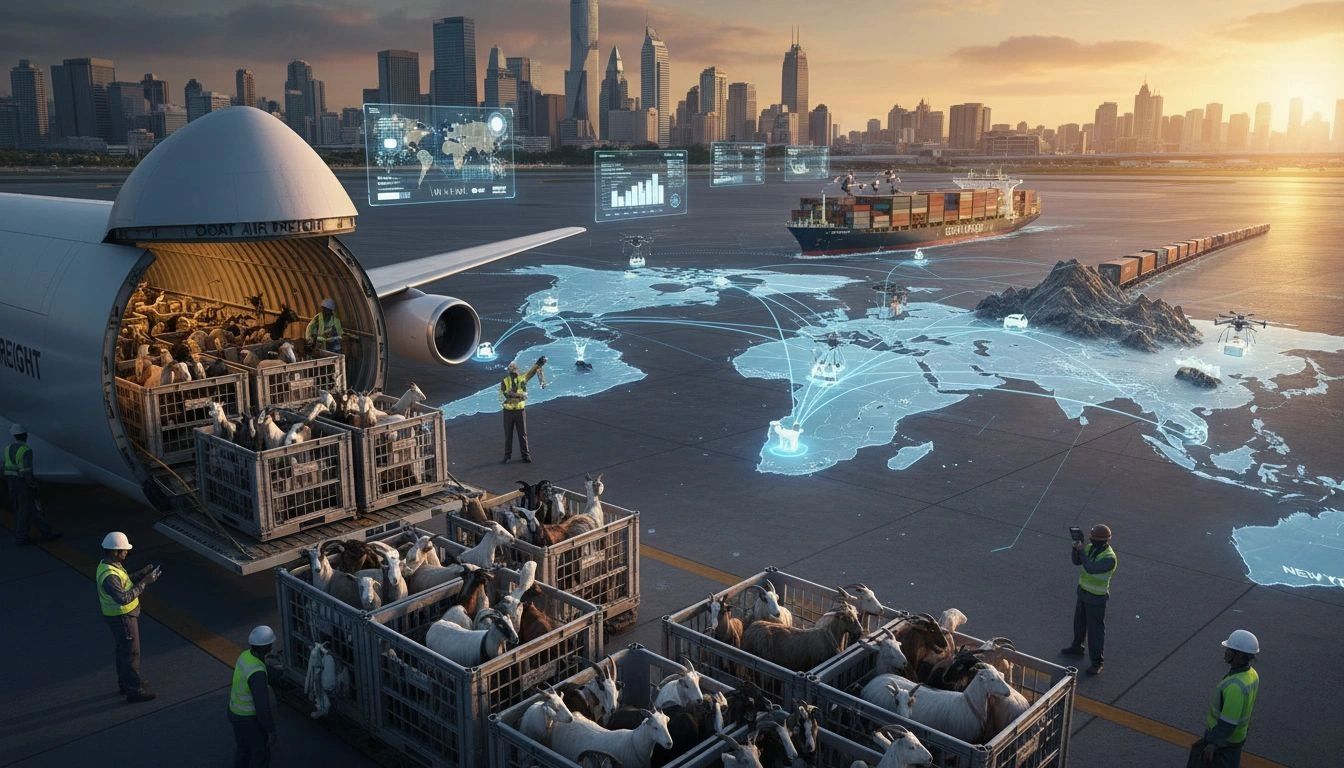 Livestock being loaded into an airplane with futuristic global logistics data overlays.