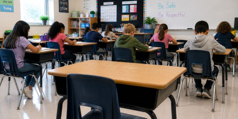 Students sitting at desks in a classroom focused on their work.