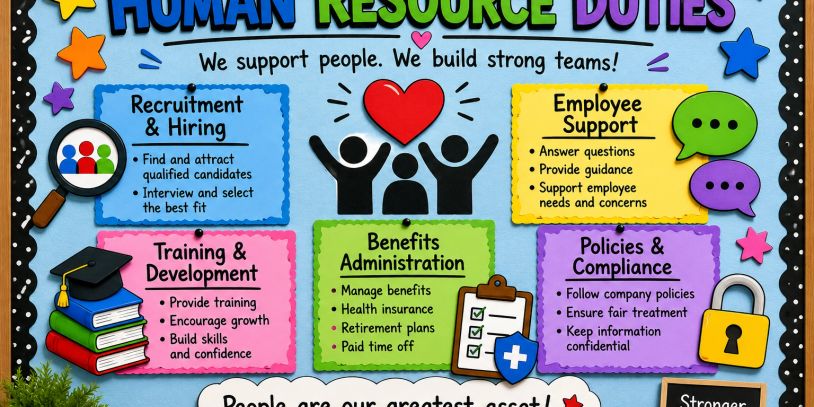 Colorful poster outlining key human resource duties and support roles.