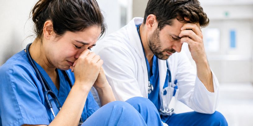 Two distressed healthcare professionals sit with heads in hands, overwhelmed by emotion.