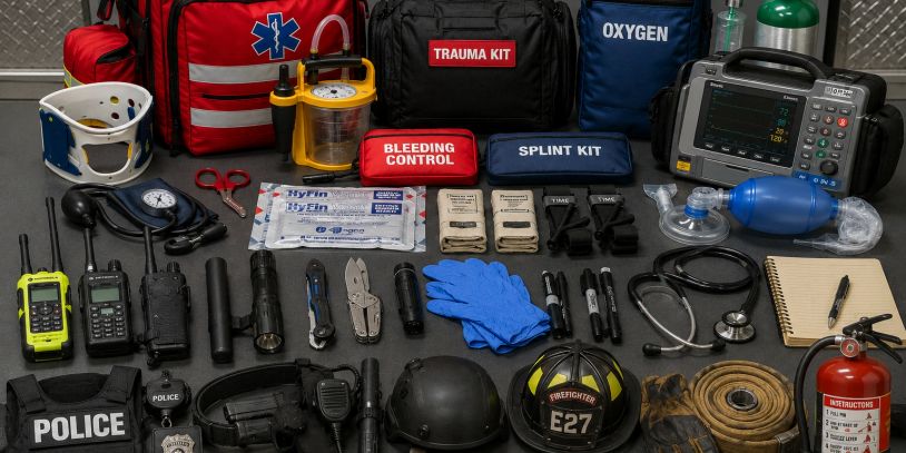Emergency medical and rescue gear including trauma kits, oxygen, and police equipment.