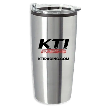 Stainless steel travel tumbler with KTI Racing logo.