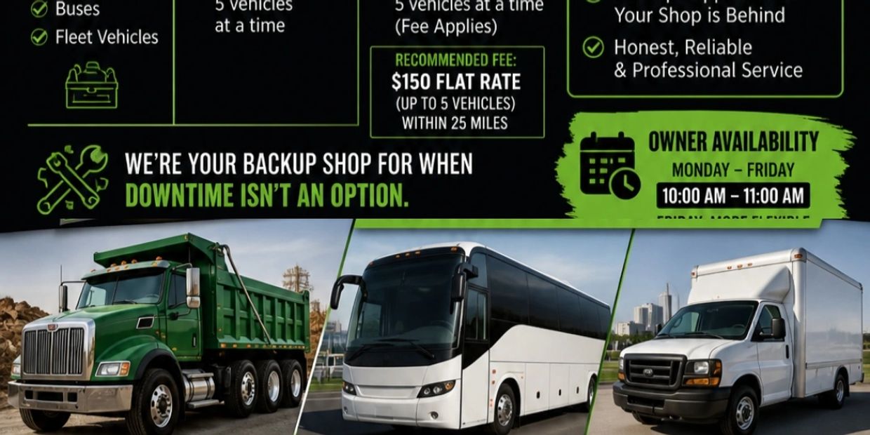 Vehicle repair service offering backup shop support with flat rate fees and owner availability.