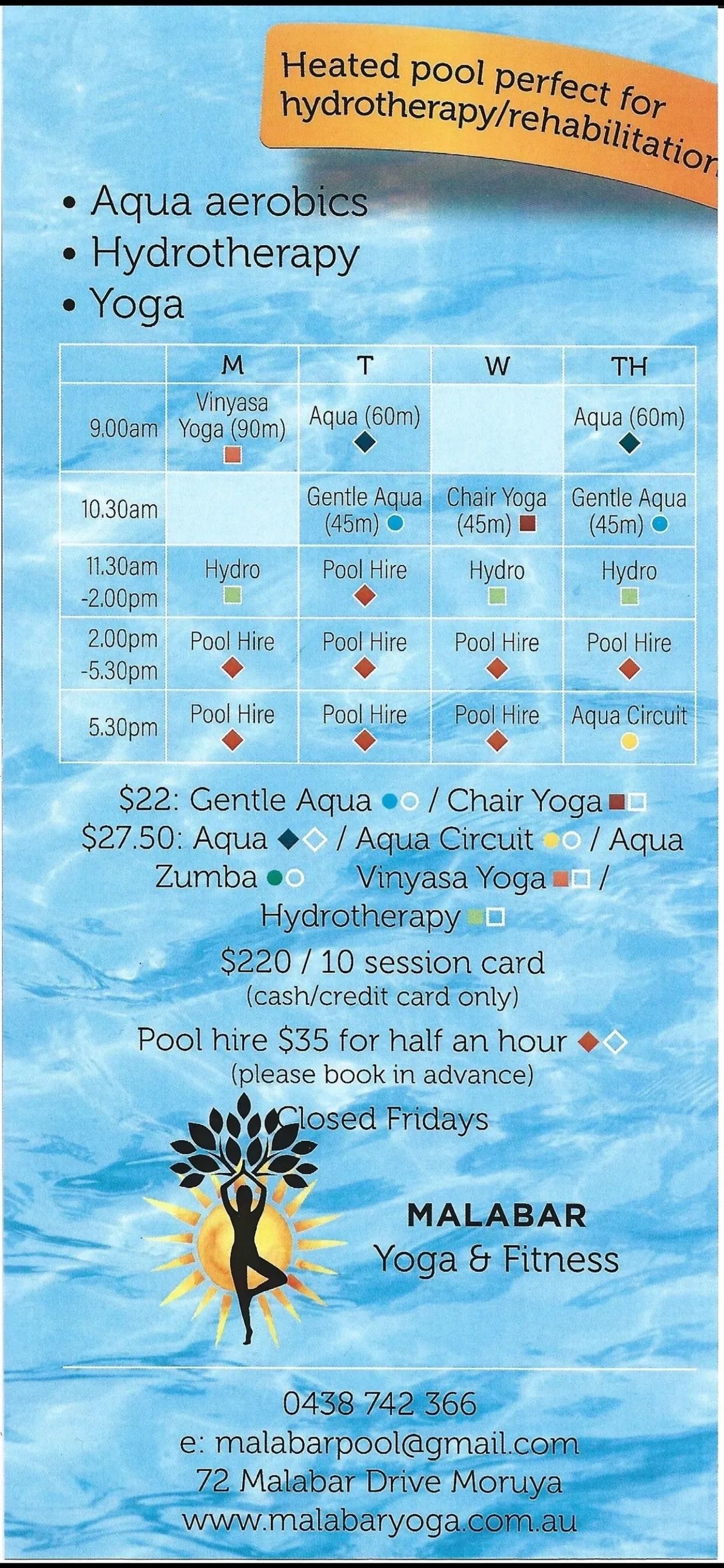 Yoga and aqua fitness schedule at Malabar Yoga &amp; Fitness pool.
