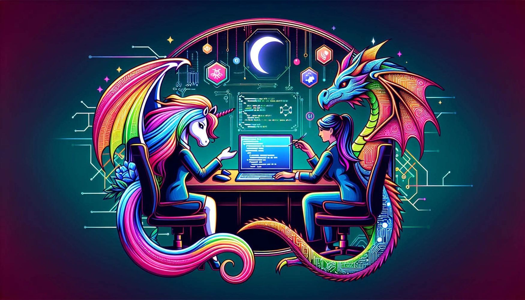 Three coworkers are sitting around a desk with a laptop open, working on a project. 