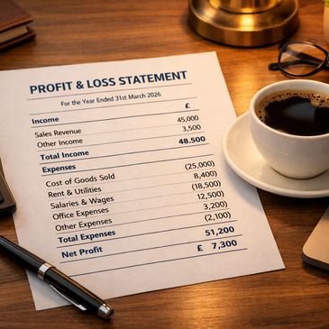 Profit &amp; loss statement for year ending March 31, 2026, with net profit of £7,300.