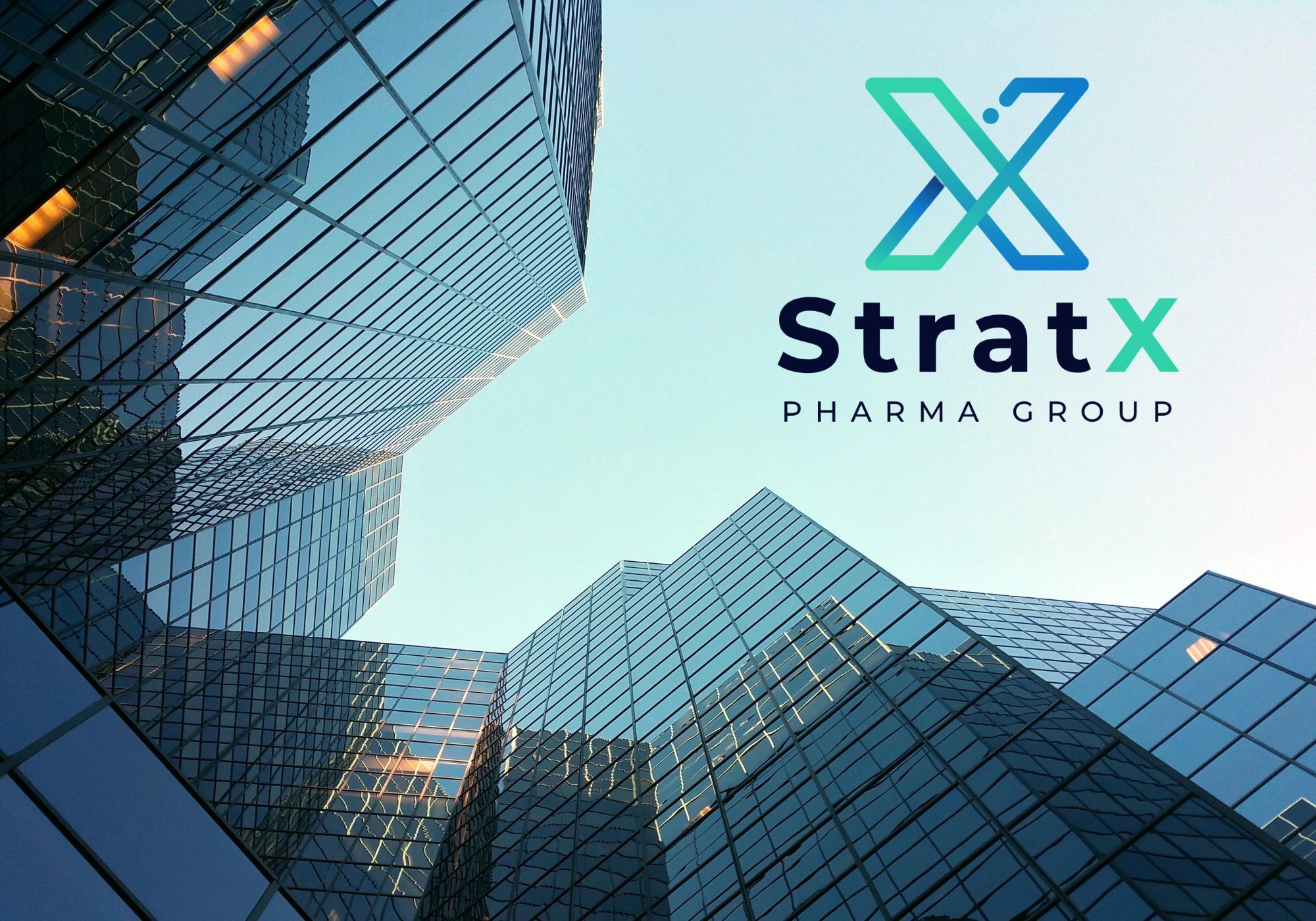 Modern glass skyscrapers with StratX Pharma Group logo against blue sky.