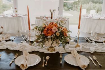 Wedding reception table setup with flowers