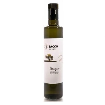 Tall skinny bottle of Italian extra virgin olive oil made by Sacco Oliveti