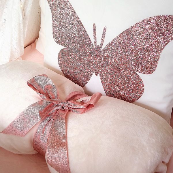Soft cuddly blanket rose gold butterfly cushion teepee sleepover theme