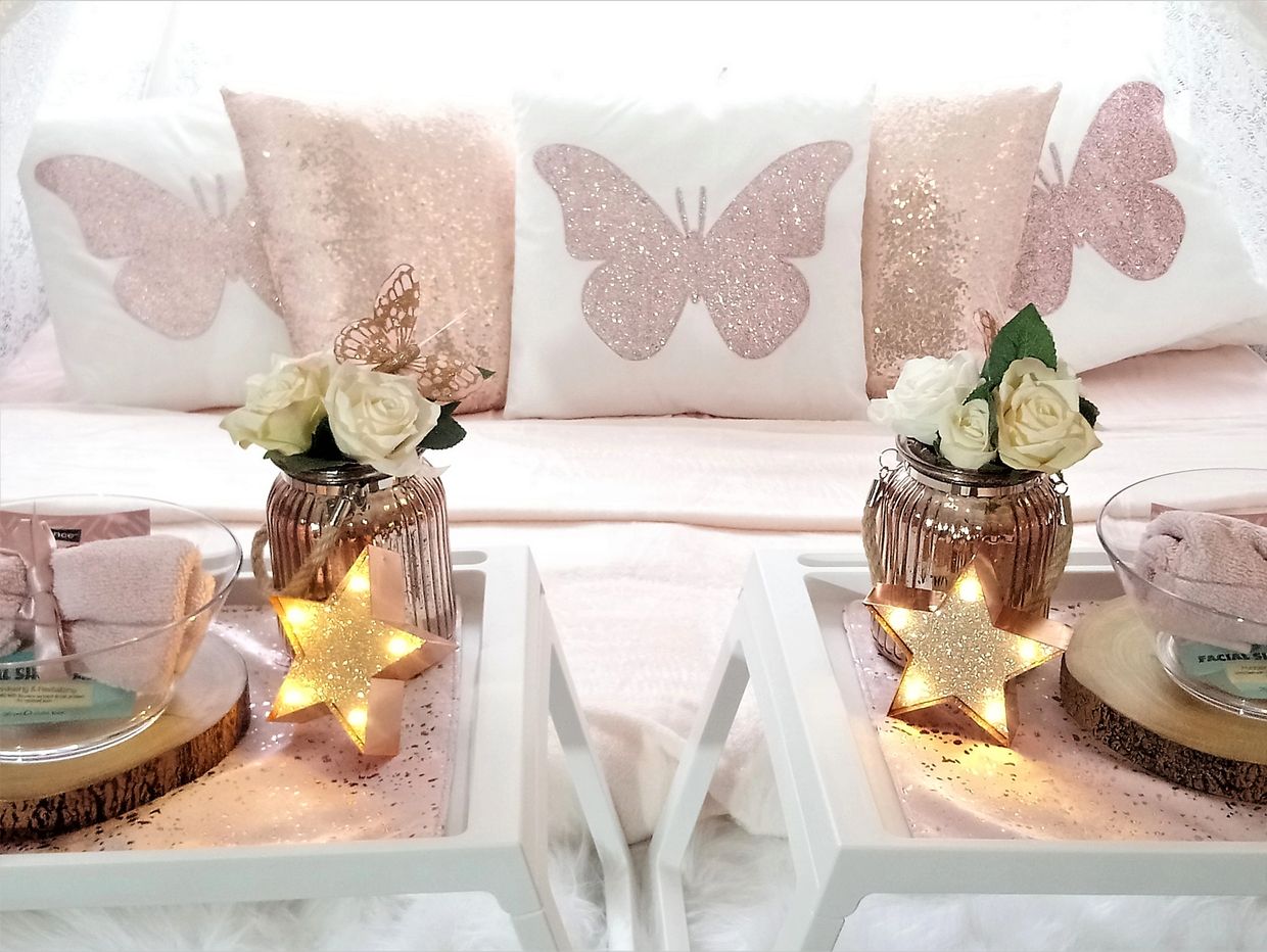 Teepee sleepover party rose gold butterfly theme