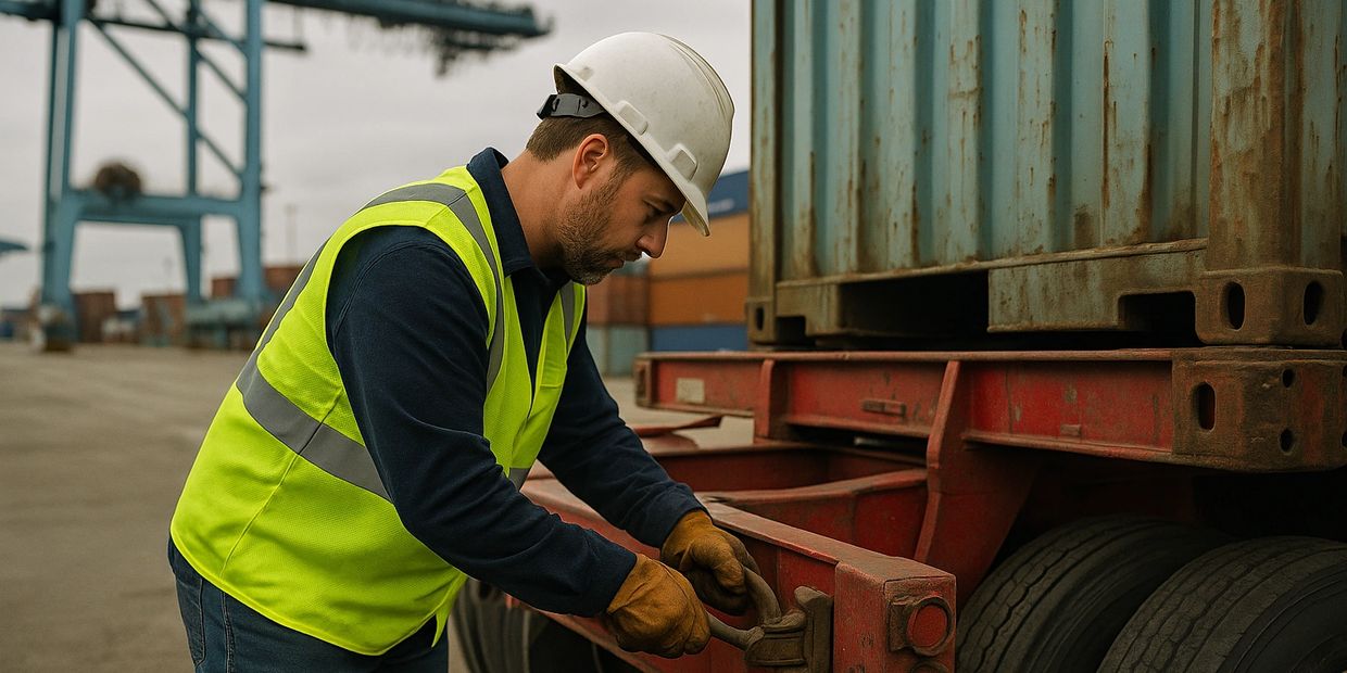 Worker in safety gear securing a shipping container on a truck.