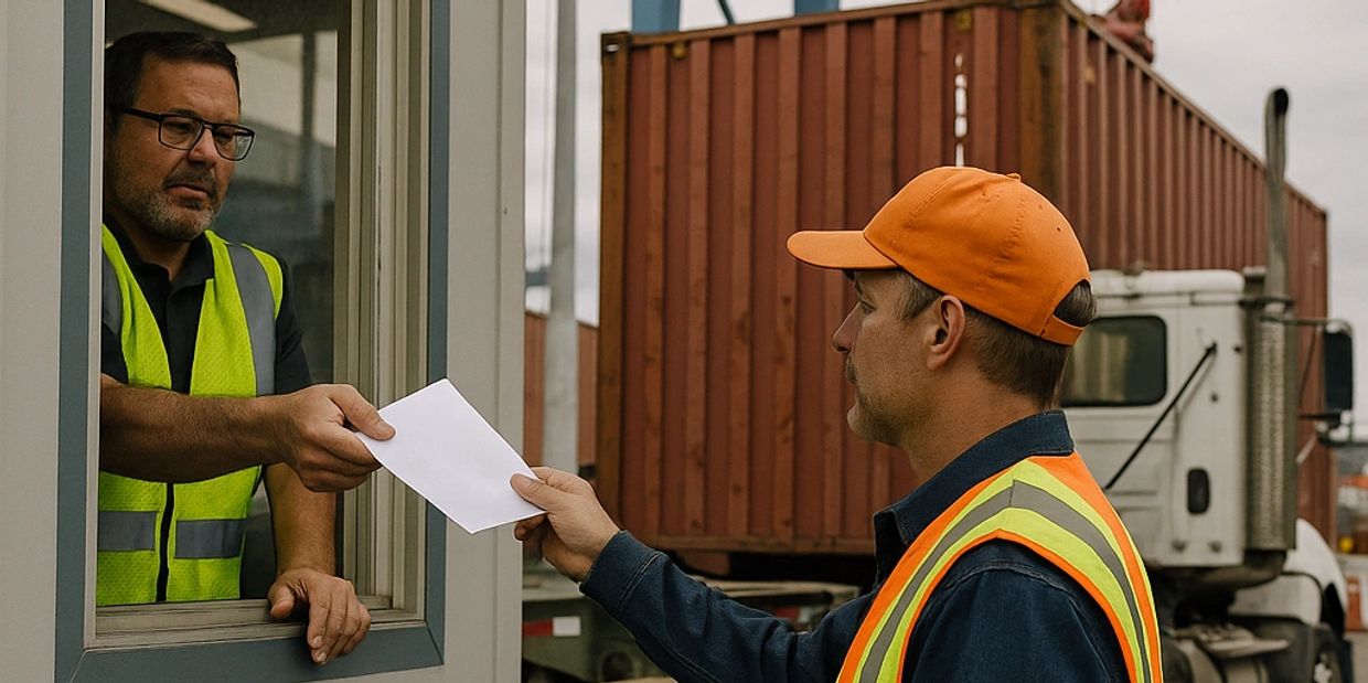 A worker hands a document to a guard at a shipping yard checkpoint.