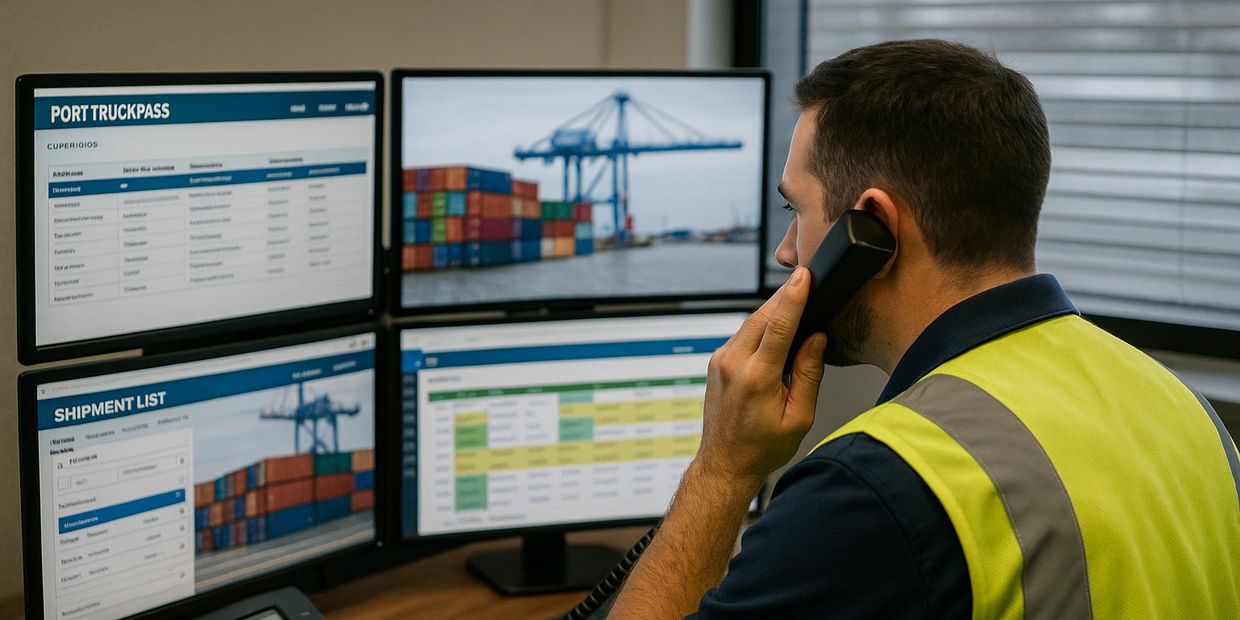 Dispatcher monitoring Port TruckPass and shipment schedules on multiple screens while coordinating container moves.