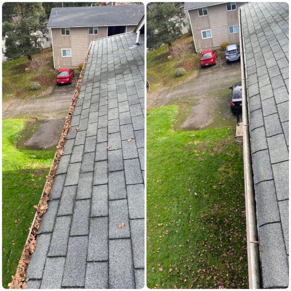 Before and after gutter cleaning with leaves removed.
