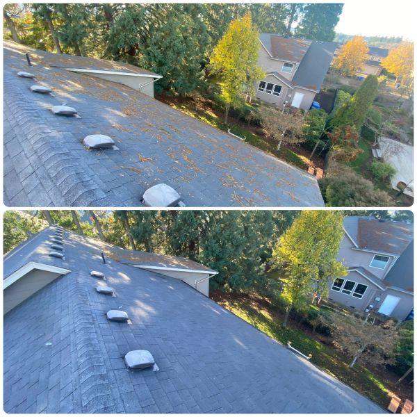 Before and after photos of a clean roof with vents.