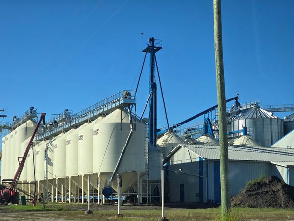 Grain storage silos and handling equipment at a processing facility.