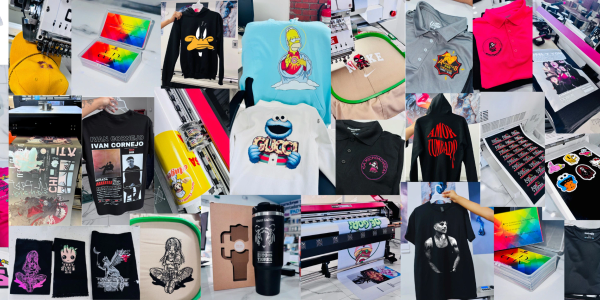 Productos personalizados como playeras, stickers, bordados y DTF textil