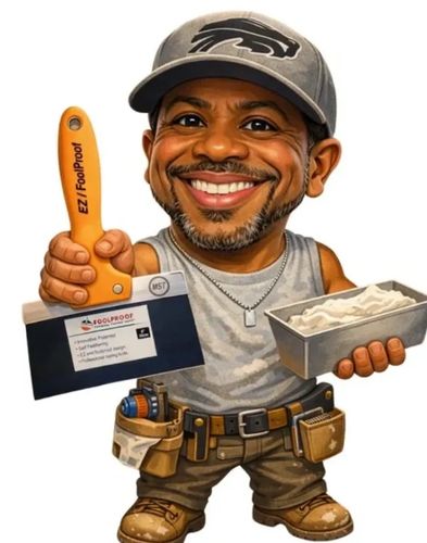 Caricature of a smiling handyman holding a putty knife and a tray of plaster.