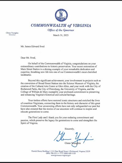 Letter from Virginia Governor commending historic preservation efforts.