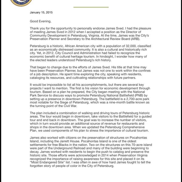Letter endorsing James Sved's contributions to Petersburg's historic and cultural preservation.