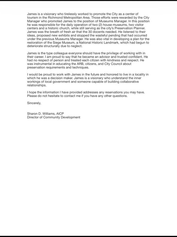 A professional recommendation letter praising James's work in community development and museum management.