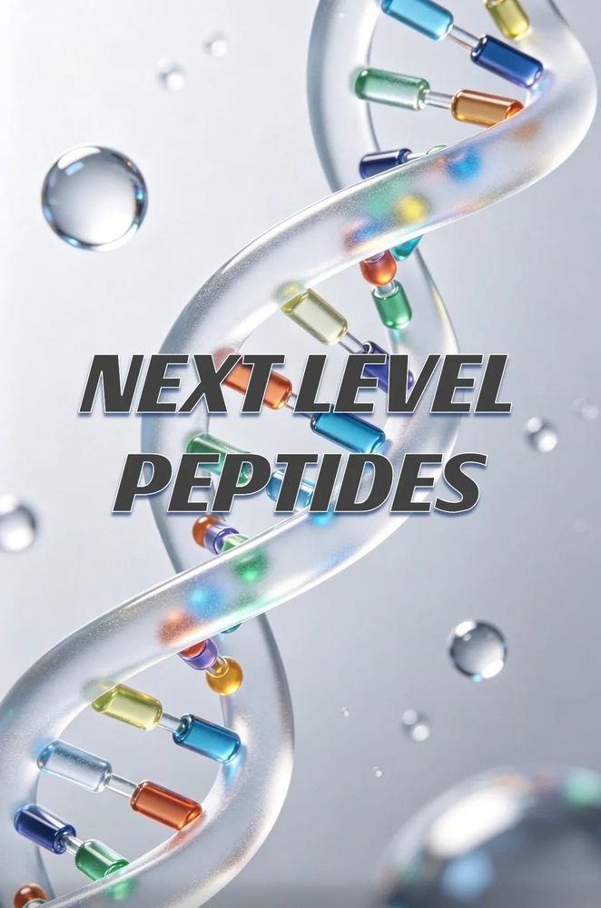 Close-up of a DNA strand with colorful capsules and text Next Level Peptides.