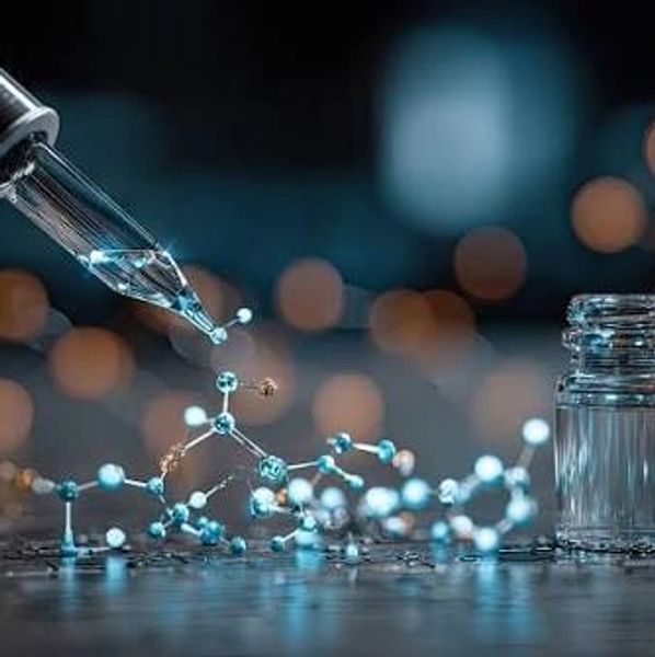A pipette drops liquid over a molecular model beside a small glass vial.