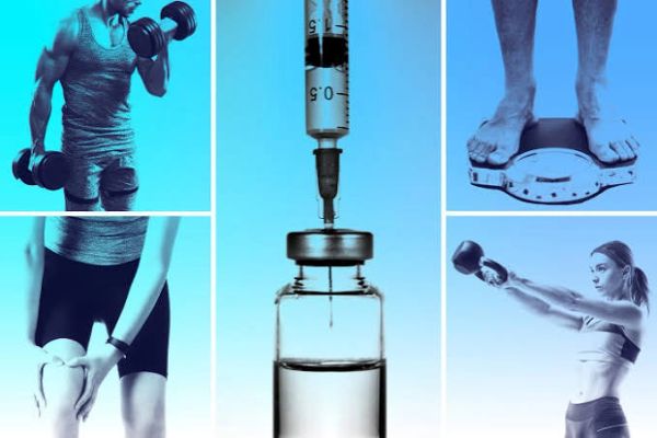 Collage of fitness and steroid injection.