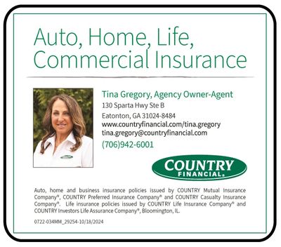Insurance Oconee Country Financial

Tina Gregory
Your local Insurance Agent in Eatonton, GA