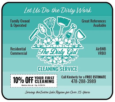Cleaning Service Oconee Dirty Girl coupons only here
Serving Lake Oconee, Eatonton, Greensboro