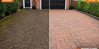 Before and after photo of a driveway cleaning, showing a dirty side and a clean side.