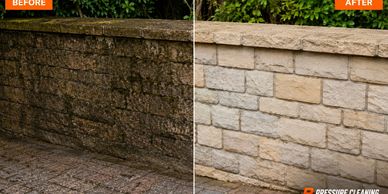 Before and after cleaning of a brick wall showing dramatic dirt removal.
